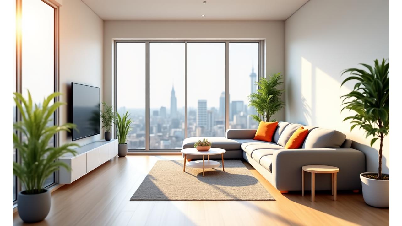 Modern apartment living room after renovation, bright and spacious with elegant furniture